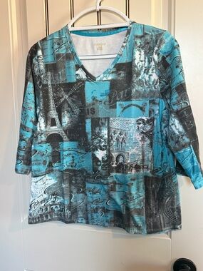 Allison Dailey  Teal 3/4 Sleeve V-Neck Printed Top.  Very Good Condition